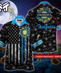 Los Angeles Chargers Hawaiian Shirt NFL Custom Name Sunflowers And American Flag Hawaiian Shirt