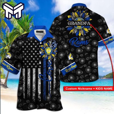 Los Angeles Rams Hawaiian Shirt NFL Custom Name Sunflowers And American Flag Hawaiian Shirt