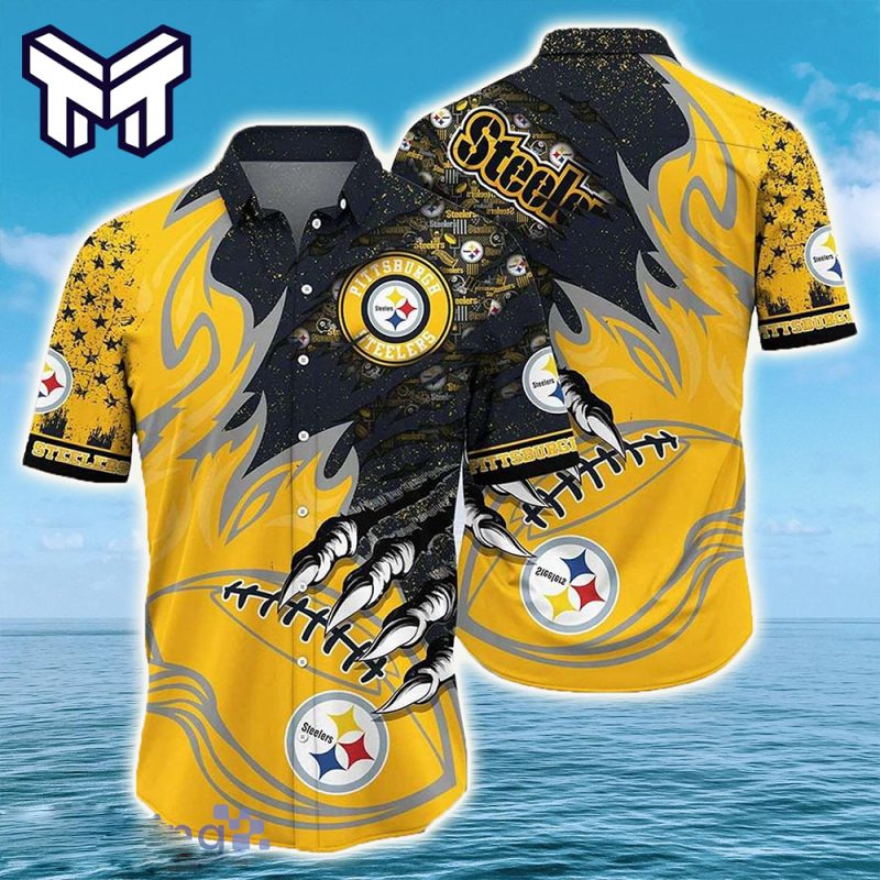 NFL Pittsburgh Steelers Hawaiian Logo Fire Rugby Graphic Steelers Hawaiian Shirt And Short