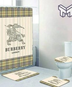 Burberry London Fashion Logo Luxury Brand Premium Bathroom Set Home Decor Shower Curtain And Rug Toilet Seat Lid Covers Bathroom Set