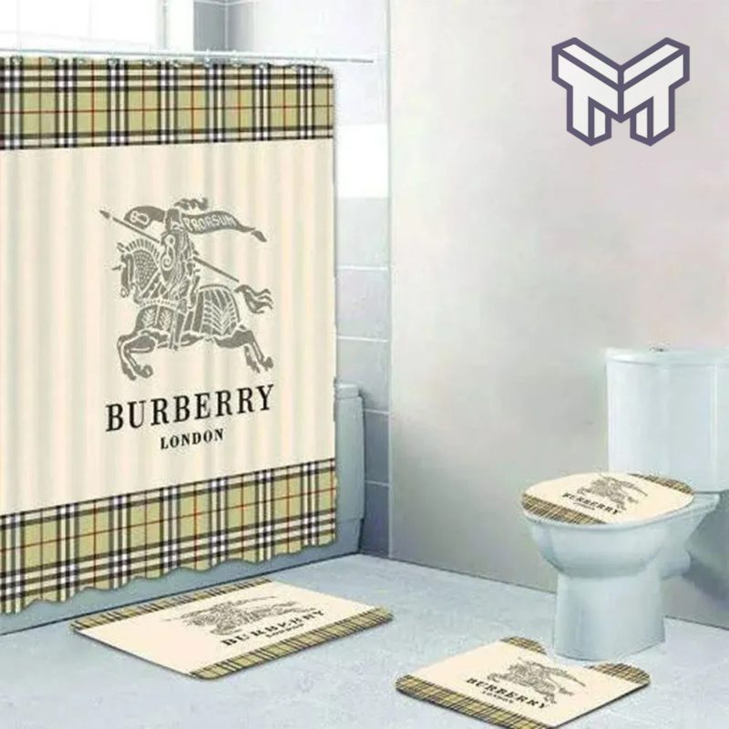 Burberry London Fashion Logo Luxury Brand Premium Bathroom Set Home Decor Shower Curtain And Rug Toilet Seat Lid Covers Bathroom Set