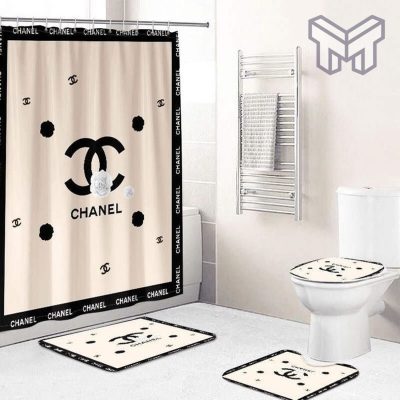 Chanel Beige Fashion Luxury Brand Premium Bathroom Set Shower Curtain Bath Mat Set Home Decor Shower Curtain And Rug Toilet Seat Lid Covers Bathroom Set