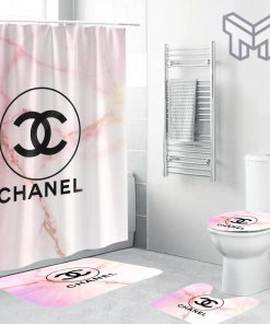 Chanel Black Logo In Pink Pastel Marble Background Bathroom Set Accessories Shower Curtain And Rug Toilet Seat Lid Covers Bathroom Set