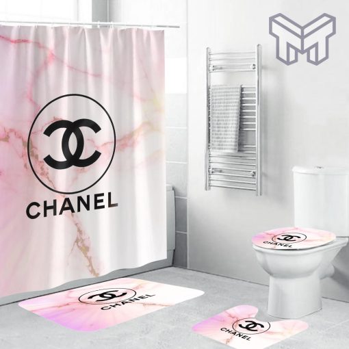 Chanel Black Logo In Pink Pastel Marble Background Bathroom Set Accessories Shower Curtain And Rug Toilet Seat Lid Covers Bathroom Set