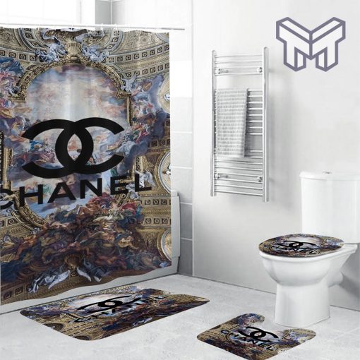 Chanel Black Logo In Religion Scence Accessories Bathroom Set Shower Curtain And Rug Toilet Seat Lid Covers Bathroom Set