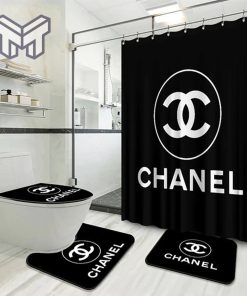 Chanel Black Logo New Bathroom Set With Shower Curtain Shower Curtain And Rug Toilet Seat Lid Covers Bathroom Set