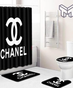 Chanel Black Luxury Brand Premium Bathroom Set Shower Curtain Bath Mat Set Home Decor Shower Curtain And Rug Toilet Seat Lid Covers Bathroom Set