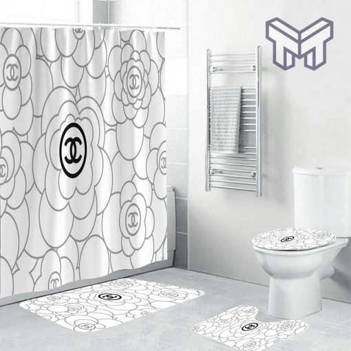 Chanel Black Signature Flowers In White Back Ground Bathroom Set Accessories Shower Curtain And Rug Toilet Seat Lid Covers Bathroom Set