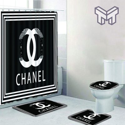 Chanel Black Square Luxury Brand Premium Bathroom Set Shower Curtain Bath Mat Set Home Decor Shower Curtain And Rug Toilet Seat Lid Covers Bathroom Set
