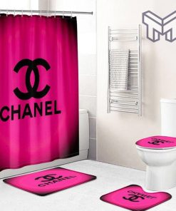 Chanel Dark Pinky Logo New Bathroom Set With Shower Curtain Shower Curtain And Rug Toilet Seat Lid Covers Bathroom Set