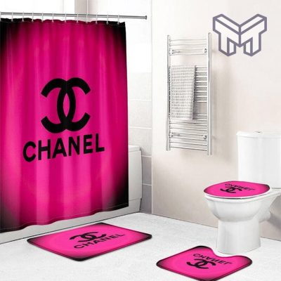 Chanel Dark Pinky Logo New Bathroom Set With Shower Curtain Shower Curtain And Rug Toilet Seat Lid Covers Bathroom Set