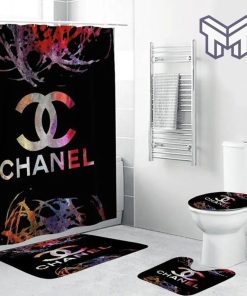 Chanel Fashion Logo Luxury Brand Premium Bathroom Set Home Decor Shower Curtain And Rug Toilet Seat Lid Covers Bathroom Set