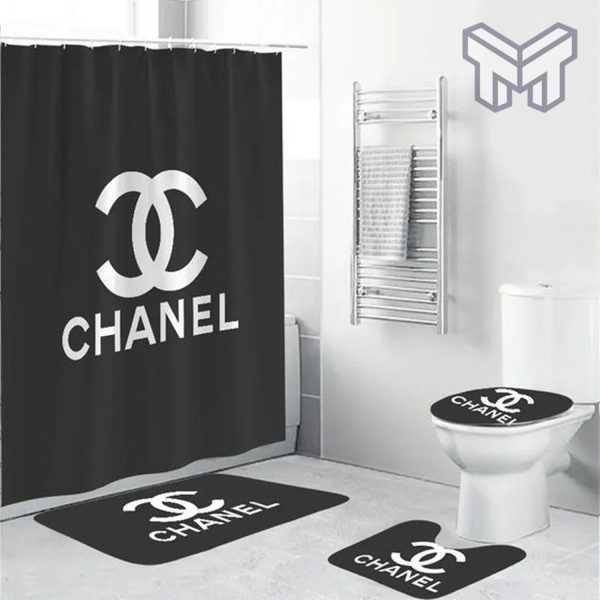 Chanel Grey Luxury Brand Premium Bathroom Set Shower Curtain Bath Mat Set Home Decor Shower Curtain And Rug Toilet Seat Lid Covers Bathroom Set