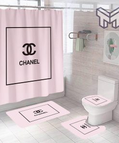Chanel Light Pink Fashion Luxury Brand Premium Bathroom Set Shower Curtain Bath Mat Set Home Decor Shower Curtain And Rug Toilet Seat Lid Covers Bathroom Set