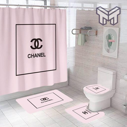 Chanel Light Pink Fashion Luxury Brand Premium Bathroom Set Shower Curtain Bath Mat Set Home Decor Shower Curtain And Rug Toilet Seat Lid Covers Bathroom Set