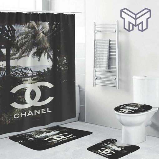 Chanel Logo In Hawaii Scence Bathroom Set Accessories Shower Curtain And Rug Toilet Seat Lid Covers Bathroom Set
