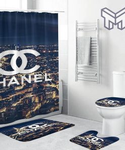 Chanel Logo In Paris Scence Accessories Bathroom Set Shower Curtain And Rug Toilet Seat Lid Covers Bathroom Set