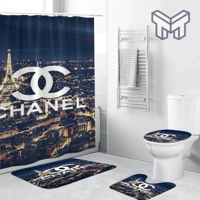 Chanel Logo In Paris Scence Accessories Bathroom Set Shower Curtain And Rug Toilet Seat Lid Covers Bathroom Set