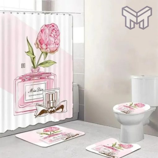 Chanel Parfum Pinky Rose Fashion Luxury Brand Premium Bathroom Set Shower Curtain Bath Mat Set Home Decor Shower Curtain And Rug Toilet Seat Lid Covers Bathroom Set