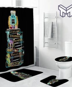 Chanel Perfume Fashion Logo Luxury Brand Premium Bathroom Set Home Decor Shower Curtain And Rug Toilet Seat Lid Covers Bathroom Set