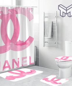 Chanel Pinky Logo Fashion Luxury Brand Bathroom Set Home Decor Shower Curtain And Rug Toilet Seat Lid Covers Bathroom Set