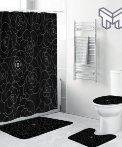 Chanel White Signature Flower In Black Background Bathroom Set Accessories Shower Curtain And Rug Toilet Seat Lid Covers Bathroom Set