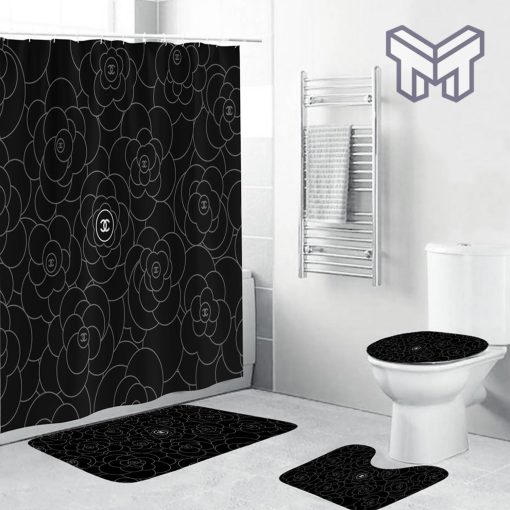 Chanel White Signature Flower In Black Background Bathroom Set Accessories Shower Curtain And Rug Toilet Seat Lid Covers Bathroom Set