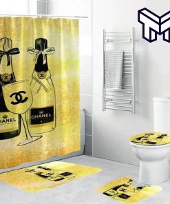 Chanel Yellow Fashion Luxury Brand Premium Bathroom Set Home Decor Shower Curtain And Rug Toilet Seat Lid Covers Bathroom Set