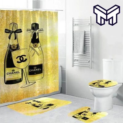 Chanel Yellow Fashion Luxury Brand Premium Bathroom Set Home Decor Shower Curtain And Rug Toilet Seat Lid Covers Bathroom Set