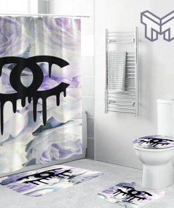 Coco Chanel Black Dripping Logo In Floral Background Bathroom Set Shower Curtain Shower Curtain And Rug Toilet Seat Lid Covers Bathroom Set