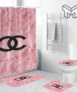 Coco Chanel Black Logo In Pink Feather Bathroom Set Shower Curtain Shower Curtain And Rug Toilet Seat Lid Covers Bathroom Set