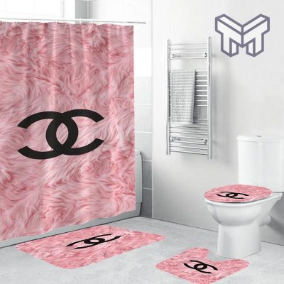 Coco Chanel Black Logo In Pink Feather Bathroom Set Shower Curtain Shower Curtain And Rug Toilet Seat Lid Covers Bathroom Set