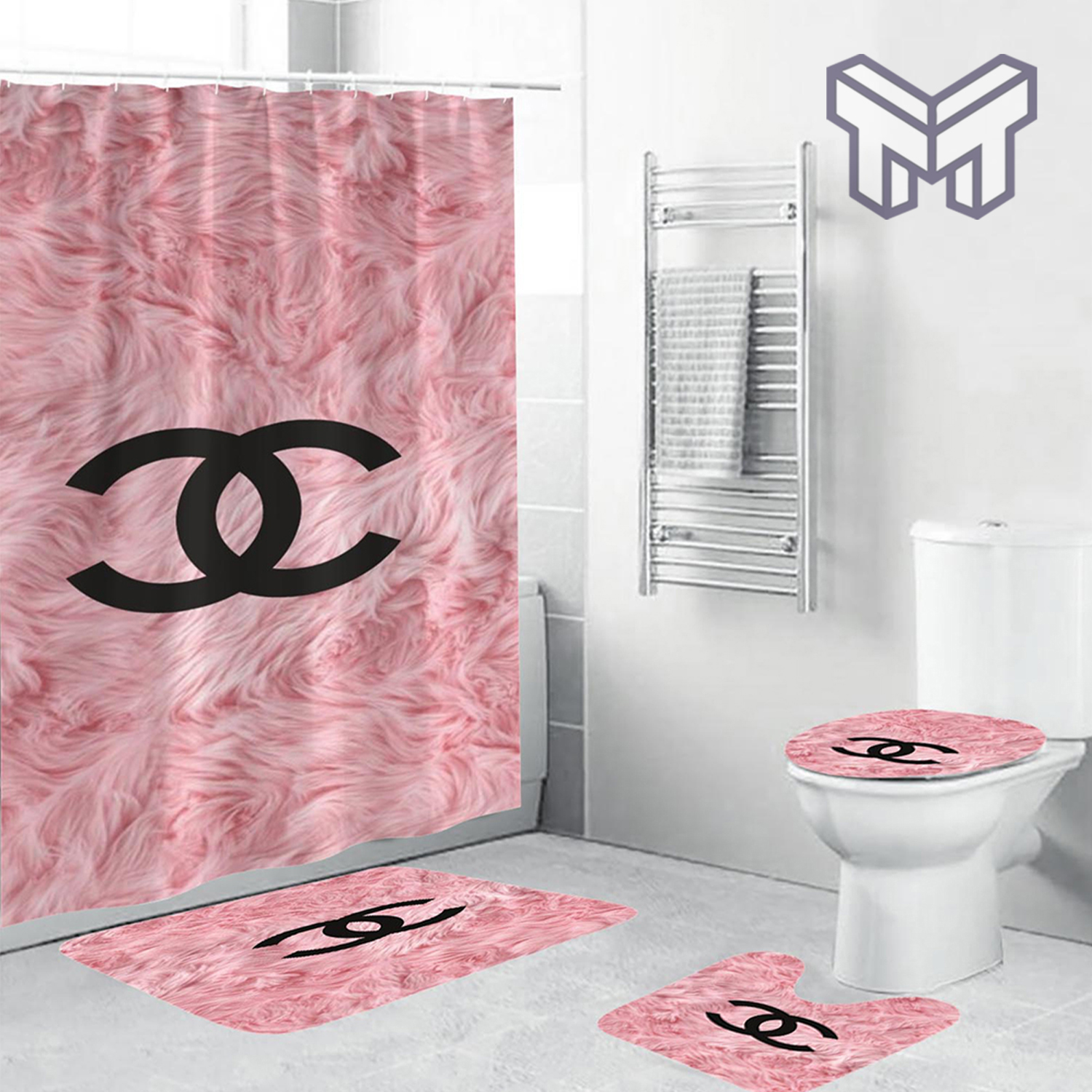 Coco Chanel Black Logo In Pink Feather Bathroom Set Shower Curtain Shower  Curtain And Rug Toilet Seat Lid Covers Bathroom Set - Muranotex Store