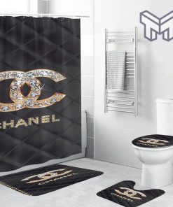 Coco Chanel Golden Logo With Full Of Diamonds In Argyle Background Bathroom Set Shower Curtain Shower Curtain And Rug Toilet Seat Lid Covers Bathroom Set