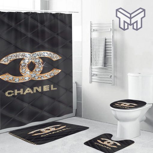 Coco Chanel Golden Logo With Full Of Diamonds In Argyle Background Bathroom Set Shower Curtain Shower Curtain And Rug Toilet Seat Lid Covers Bathroom Set