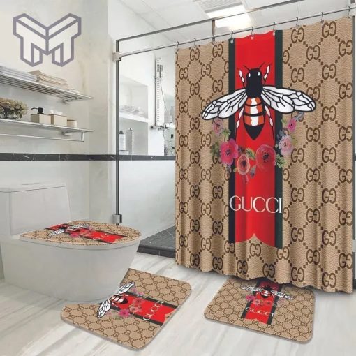 Gucci Bee Flower Bathroom Set Luxury Shower Curtain Bath Rug Mat Home Decor Shower Curtain And Rug Toilet Seat Lid Covers Bathroom Set