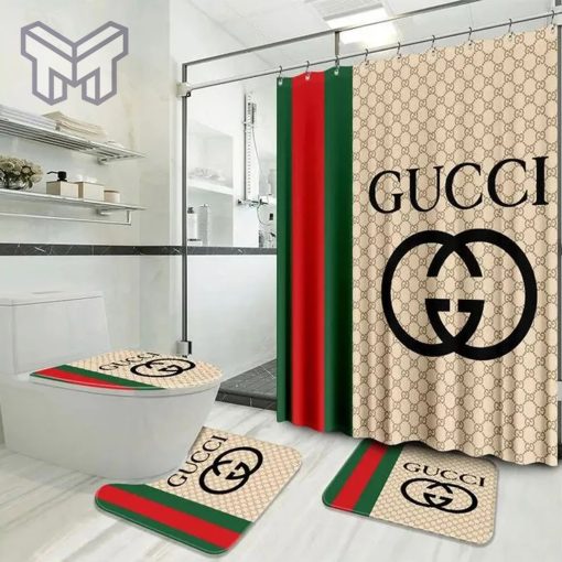 Gucci Beige Stripe Bathroom Set Luxury Shower Curtain Bath Rug Mat Home Decor Shower Curtain And Rug Toilet Seat Lid Covers Bathroom Set