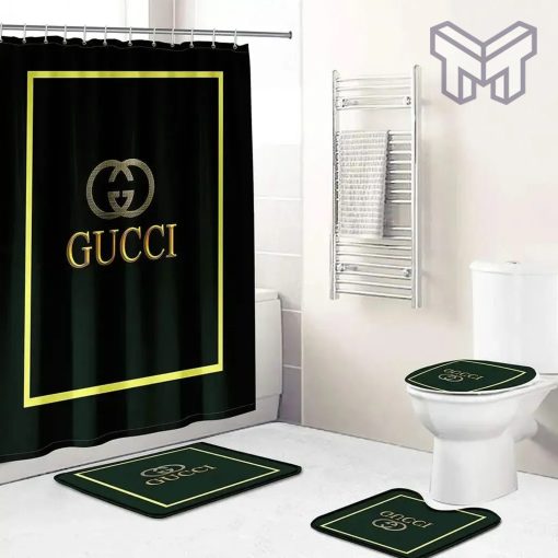 Gucci Black Bathroom Set Luxury Shower Curtain Bath Rug Mat Home Decor XaC Shower Curtain And Rug Toilet Seat Lid Covers Bathroom Set