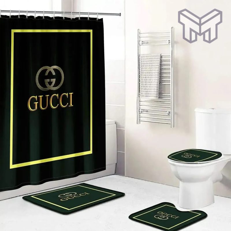 Gucci Black Bathroom Set Luxury Shower Curtain Bath Rug Mat Home Decor XaC Shower Curtain And Rug Toilet Seat Lid Covers Bathroom Set