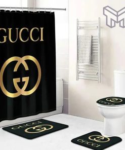 Gucci Black Bathroom Set Luxury Shower Curtain Bath Rug Mat Home Decor svF Shower Curtain And Rug Toilet Seat Lid Covers Bathroom Set