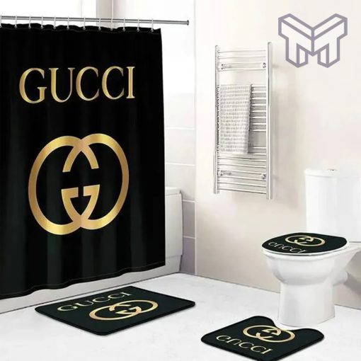 Gucci Black Bathroom Set Luxury Shower Curtain Bath Rug Mat Home Decor svF Shower Curtain And Rug Toilet Seat Lid Covers Bathroom Set