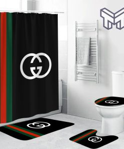 Gucci Black Fashion Luxury Brand Premium Bathroom Set Home Decor Shower Curtain And Rug Toilet Seat Lid Covers Bathroom Set