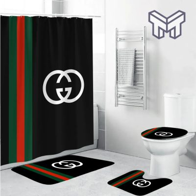 Gucci Black Fashion Luxury Brand Premium Bathroom Set Home Decor Shower Curtain And Rug Toilet Seat Lid Covers Bathroom Set