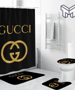 Gucci Black Golden Logo Fashion Luxury Brand Premium Bathroom Set Home Decor Shower Curtain And Rug Toilet Seat Lid Covers Bathroom Set