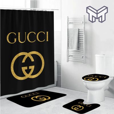 Gucci Black Golden Logo Fashion Luxury Brand Premium Bathroom Set Home Decor Shower Curtain And Rug Toilet Seat Lid Covers Bathroom Set