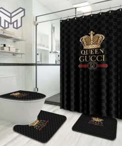 Gucci Black Queen Luxury Brand Logo Premium Bathroom Set Home Decor Shower Curtain And Rug Toilet Seat Lid Covers Bathroom Set