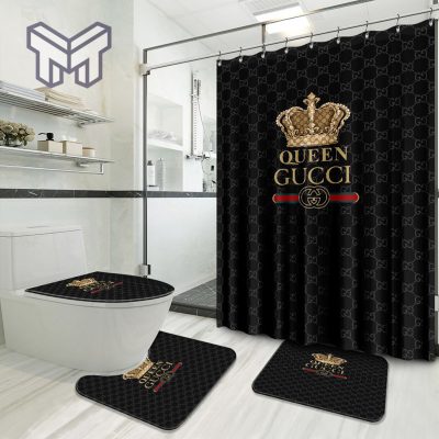 Gucci Black Queen Luxury Brand Logo Premium Bathroom Set Home Decor Shower Curtain And Rug Toilet Seat Lid Covers Bathroom Set