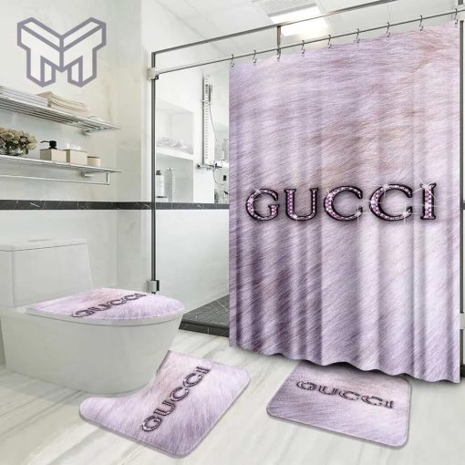 Gucci Fashion Logo Limited Luxury Brand Bathroom Set Home Decor 02 Shower Curtain And Rug Toilet Seat Lid Covers Bathroom Set