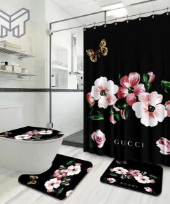 Gucci Fashion Logo Limited Luxury Brand Bathroom Set Home Decor 03 Shower Curtain And Rug Toilet Seat Lid Covers Bathroom Set