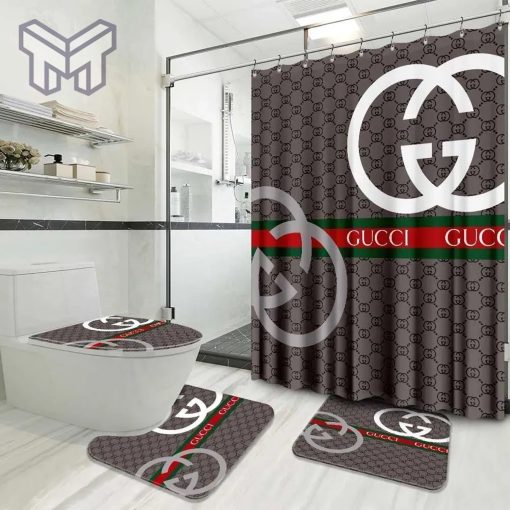 Gucci Fashion Logo Limited Luxury Brand Bathroom Set Home Decor 04 Shower Curtain And Rug Toilet Seat Lid Covers Bathroom Set